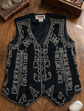Vintage 80s-90s Black Women's Vest with Silver Beadwork